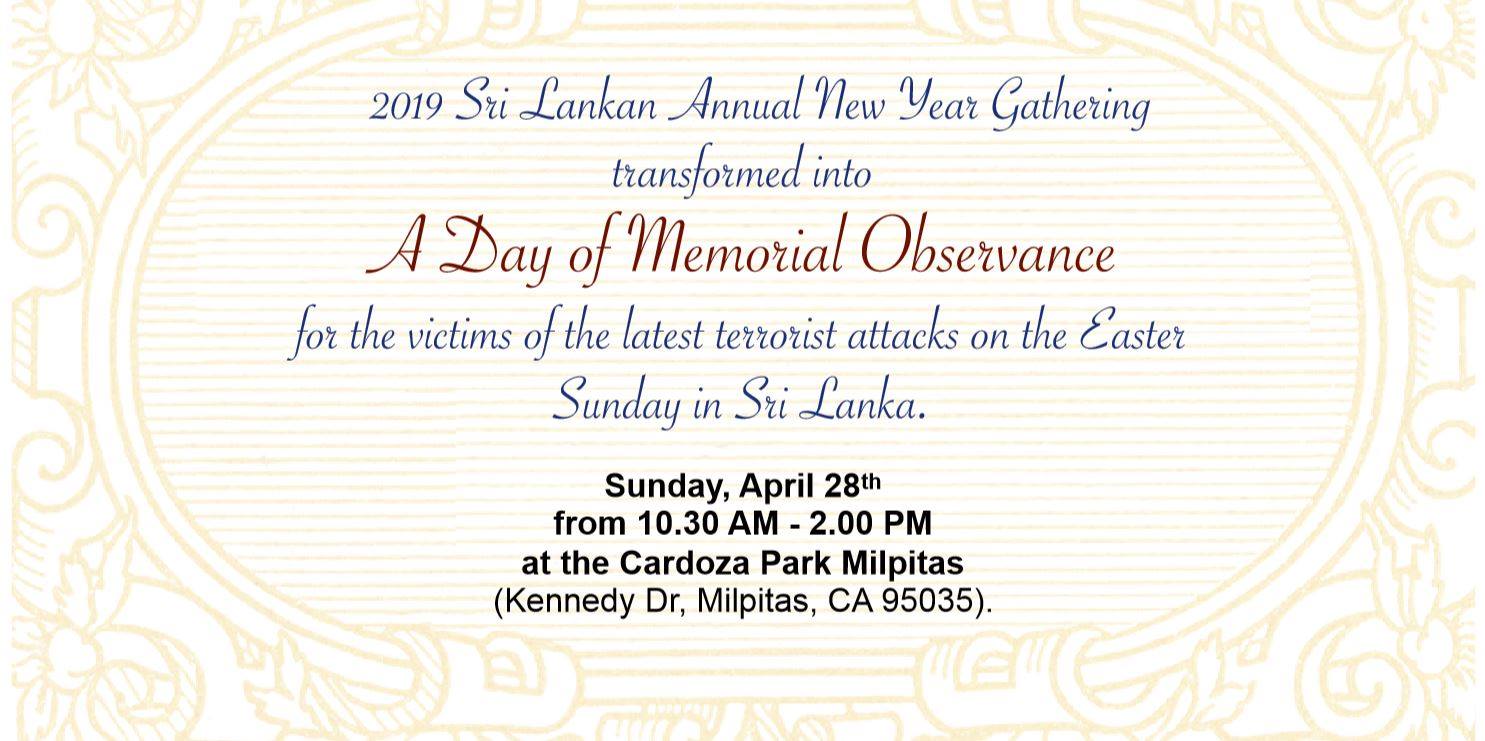 2019 Sri Lankan Annual New Year Gathering – A Day of Memorial Observance (10.30 AM – 2.00 PM) !!!